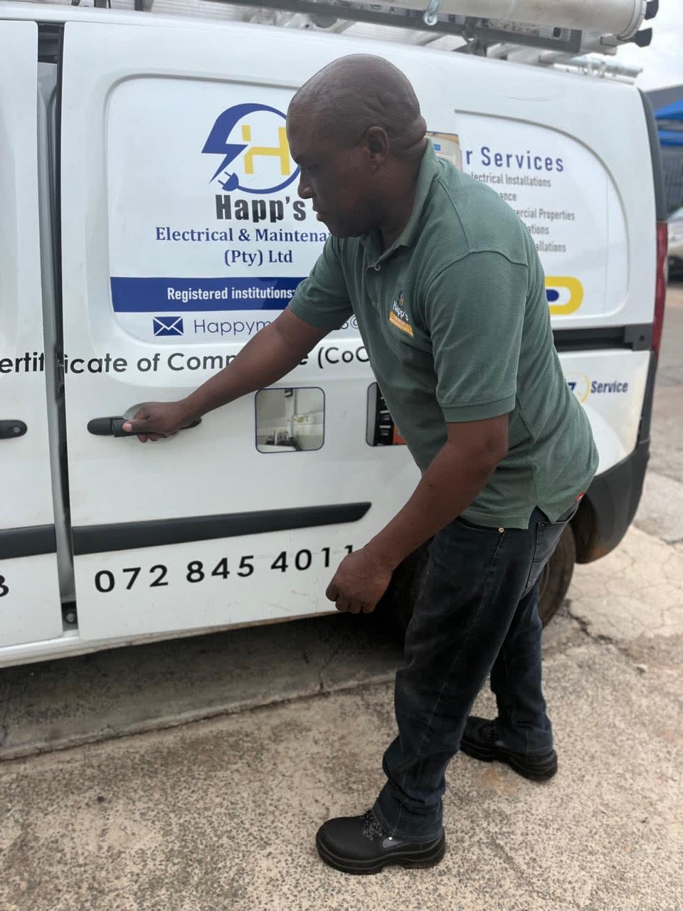 Happ's Electrical & Maintenance branded service van with Certificate of Compliance signage in Gauteng